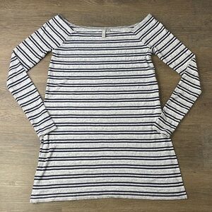 ASOS Worn’s Navy Blue White Grey Waffle Knit Boat Neck Long Sleeve Tee, size 4